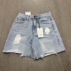 High-Waist Distressed Denim Shorts - Light Blue